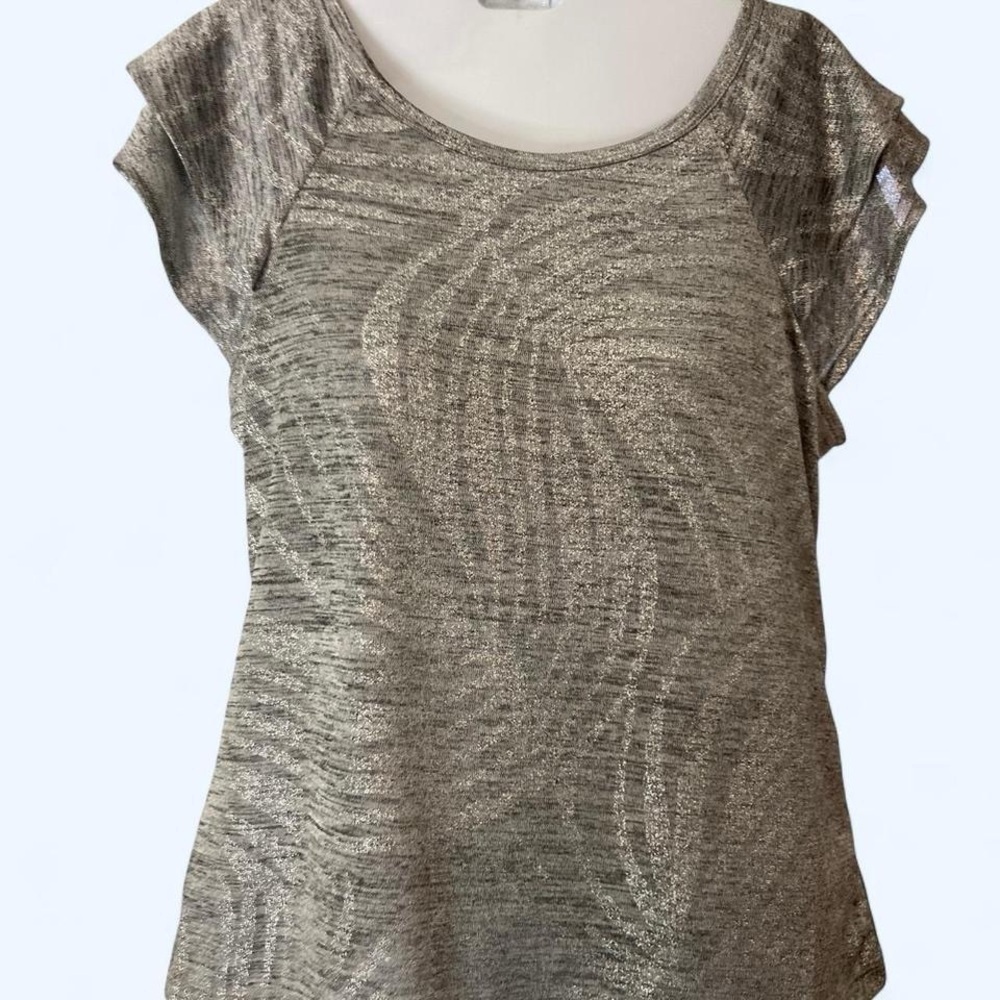 White House Black Market Silver metallic ruffle sleeve top XS